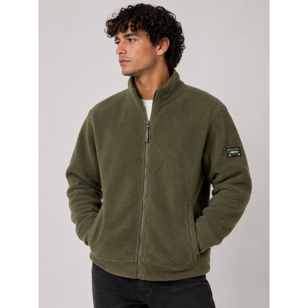 Orvis Classic Collection Mens Small Olive Green Full Zip Fleece Jacket Mock Neck